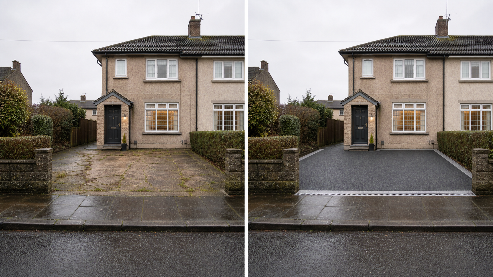 Two complete views of the same home before and after its whole driveway is renovated